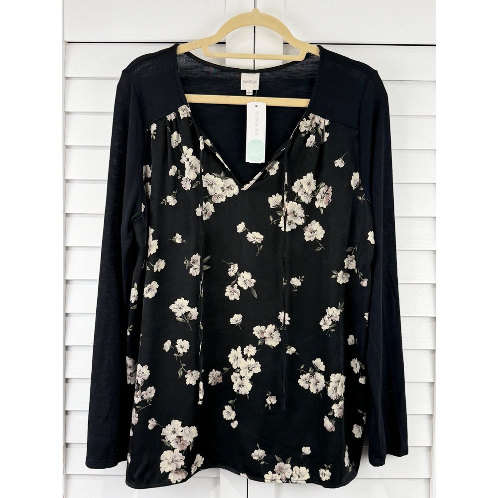 Kaileigh Mixed‎ Material Top XL Black Floral Split Neck Tie NEW
